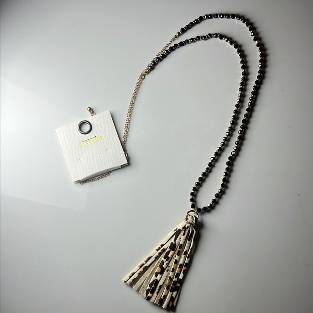 Clover Animal Print Beaded Tassel Necklace NWT - Picture 2 of 8